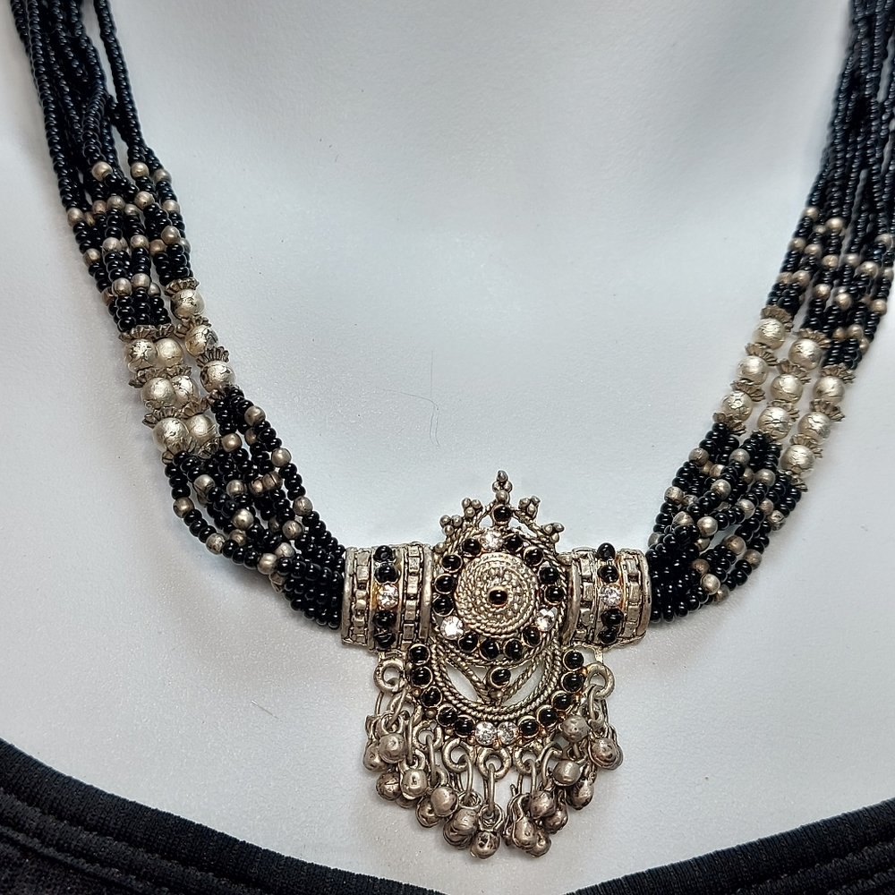 Black & Silver Tone Kundan Mala Beaded Necklace